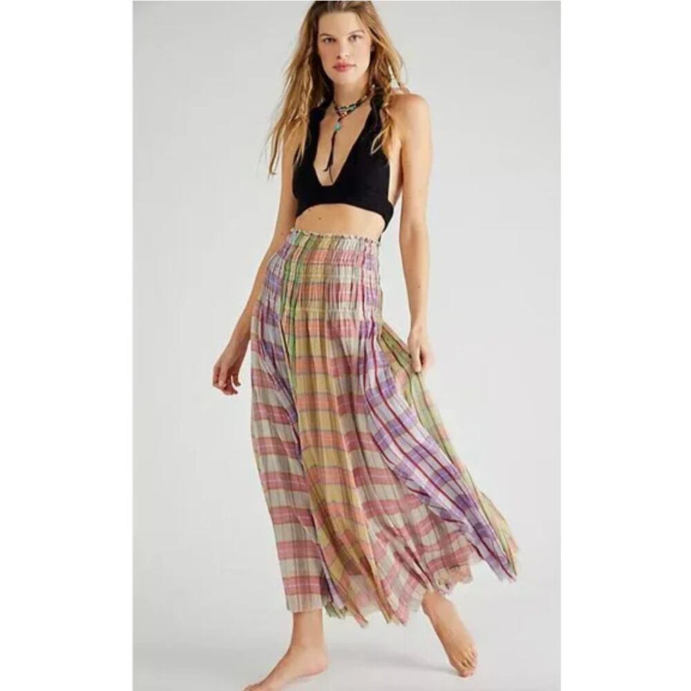 Free People Pleated Plaid Maxi Skirt - Pastel Multi
